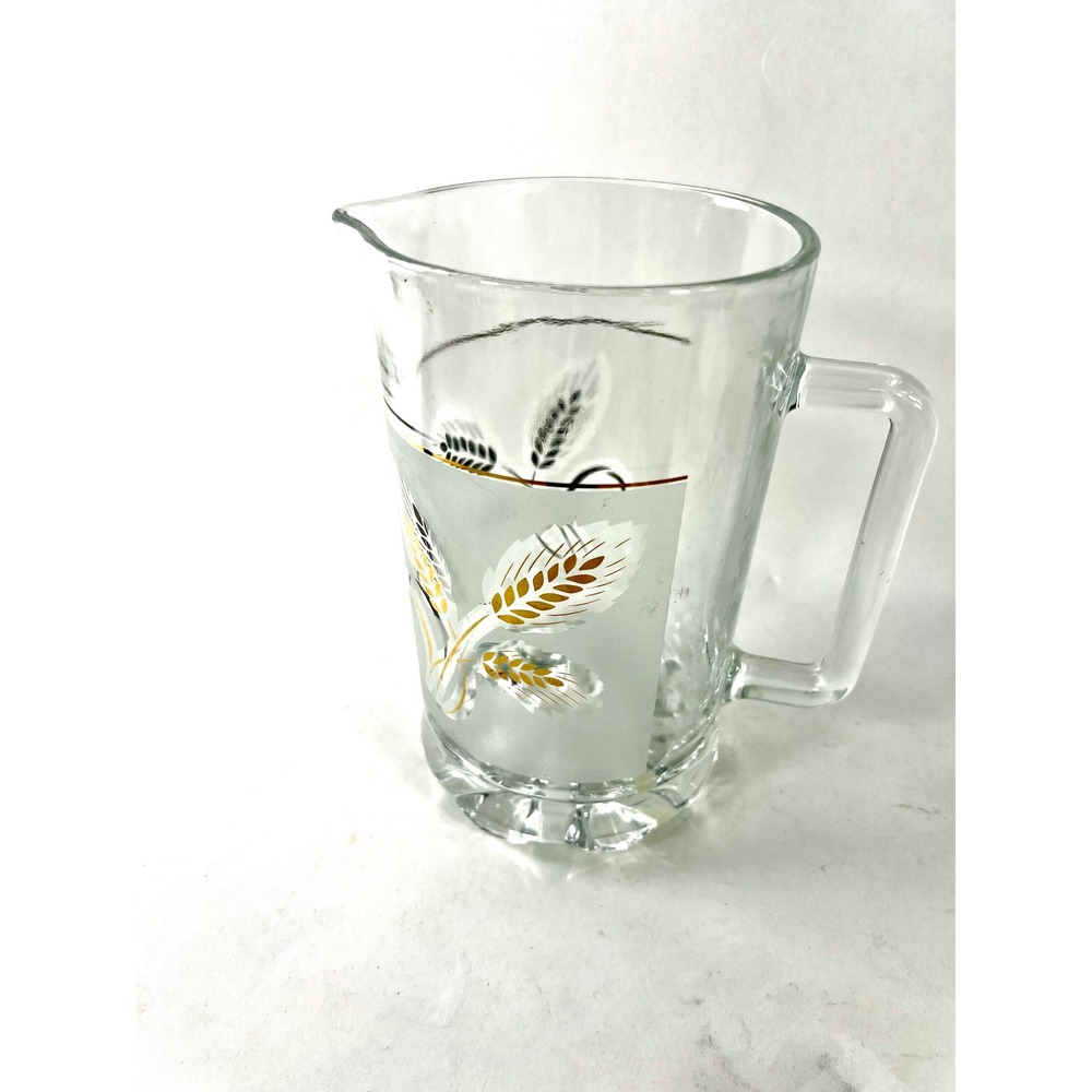 Vintage Mid Century Frosted Glass Pitcher Gold Wheat Motif Heavy Glass 6.5 Inch